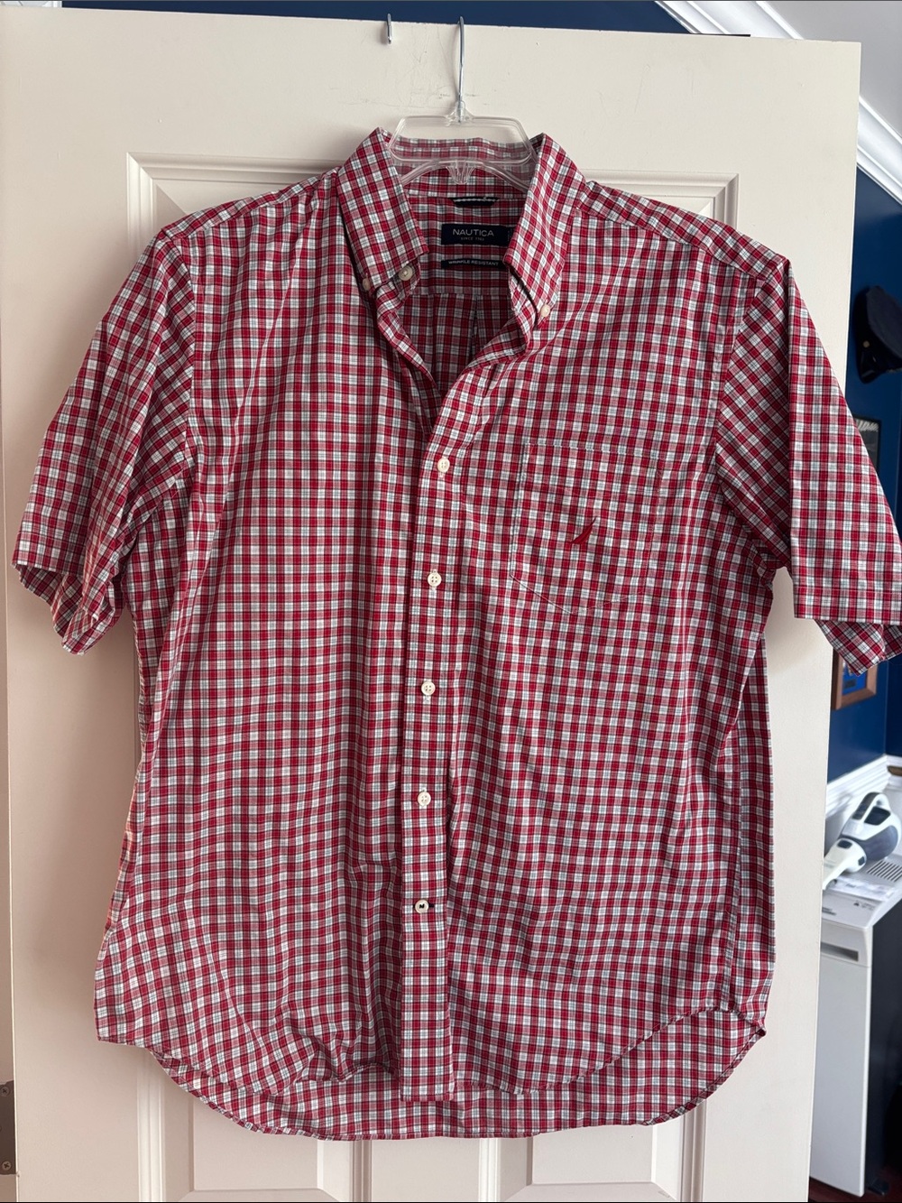 Nautica Red and White Plaid Short-Sleeve Button-Down Shirt